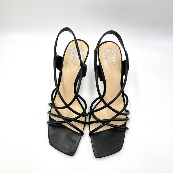 Vince Camuto 9.5 Sanda Black Leather Strappy Flared Heels Dress Sandals Shoes - Picture 3 of 14